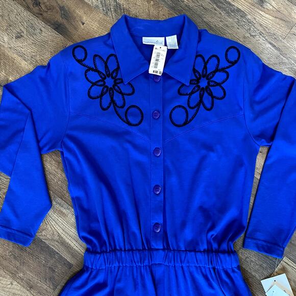 NWT Vintage Liz Claiborne Embroidered Blue Long Sleeve Maxi Dress L - Picture 3 of 8